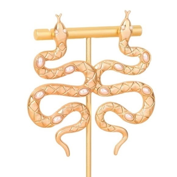 SNAKE Shaped Gold Tone and Pearl Drop Pierced Earrings Textured - Picture 3 of 4